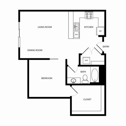 Floor plan for 1 bed, 1 bath, 755 sqft
